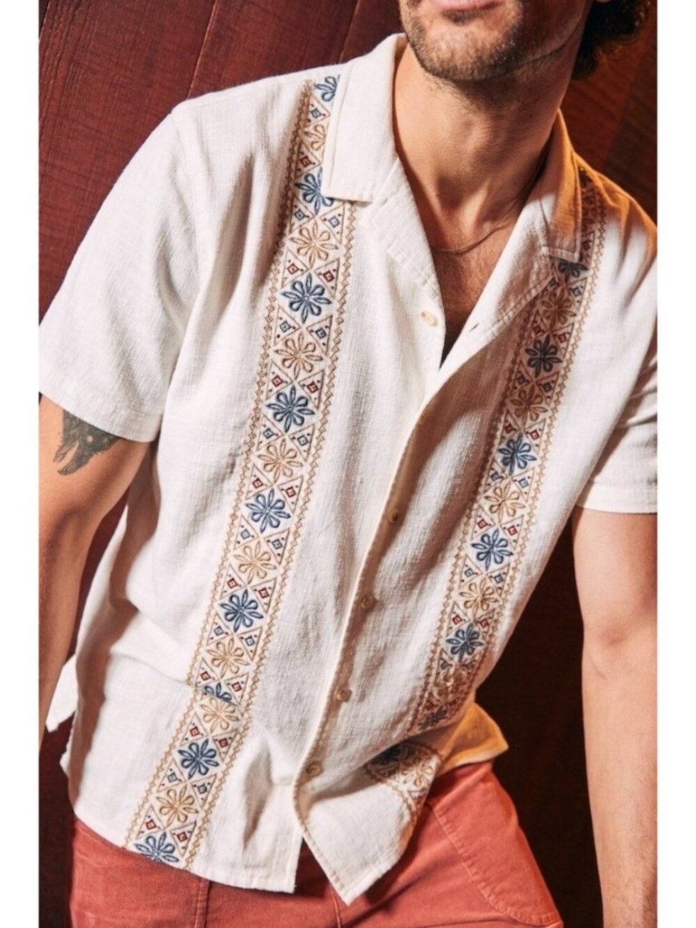 Marine Layer Archive Mens Med Embroidered Camp Shirt Off White Resortwear